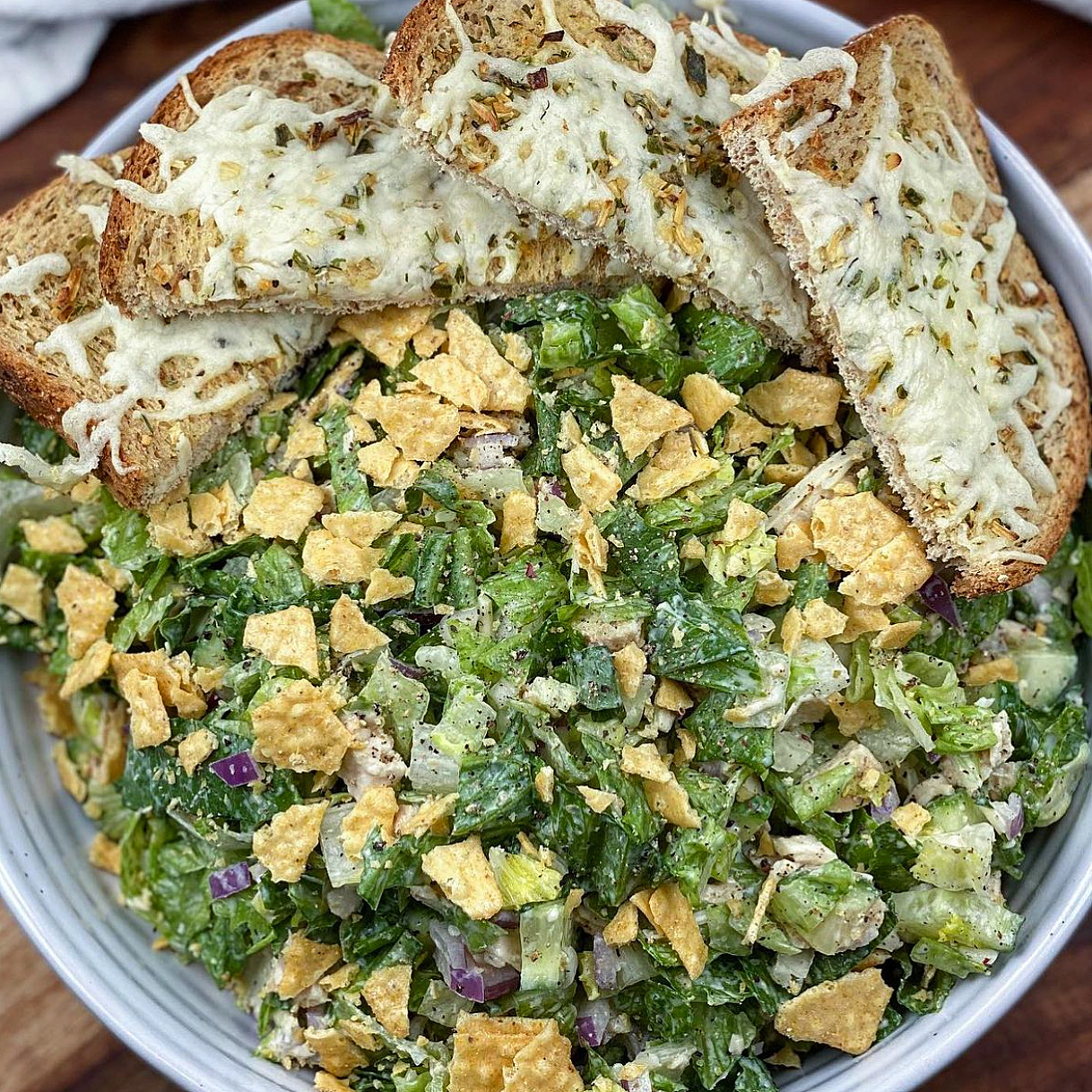 Chopped Chicken Caesar Salad With Cheese Bread