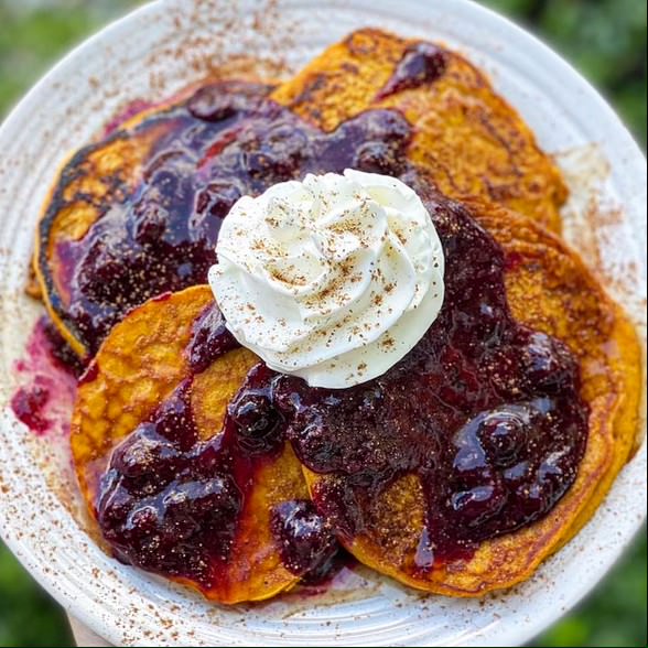 Pumpkin Spice Pancakes With Blueberry Sauce